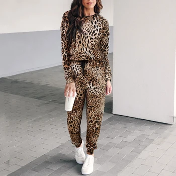 

2pcs sets Women Ladies Fashion Casual Tracksuit Jogging Leopard Hoodies Sweatshirt And Long Pants Suit