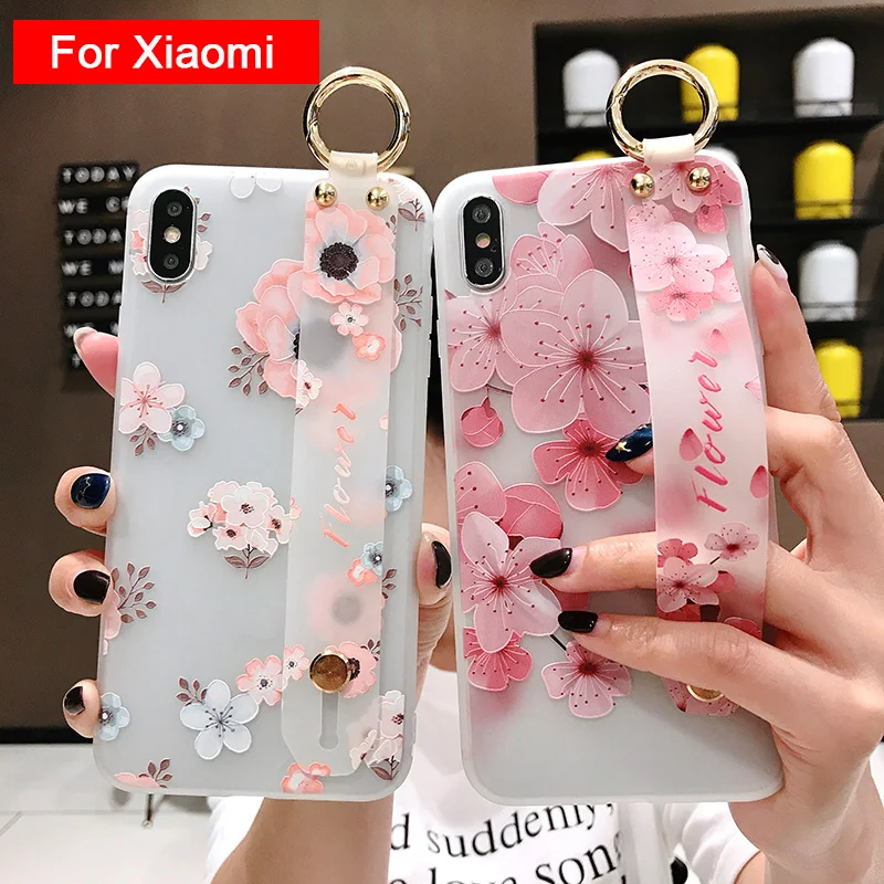 

For Xiaomi Redmi Note 7 Case Fashion Flower Soft TPU Wrist Strap Phone Holder Case For Xiaomi Mi 9 8 CC9 A3 lite Redmi Note 5 5a