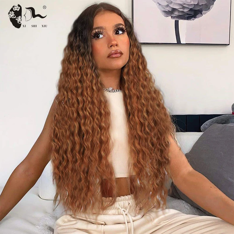 

XISHIXIUHAIR 24" Kinky Curly Long Ombre Brown Lace Front Wig Natural Hairline Heat Resistant Synthetic Hair Wigs For Black Women