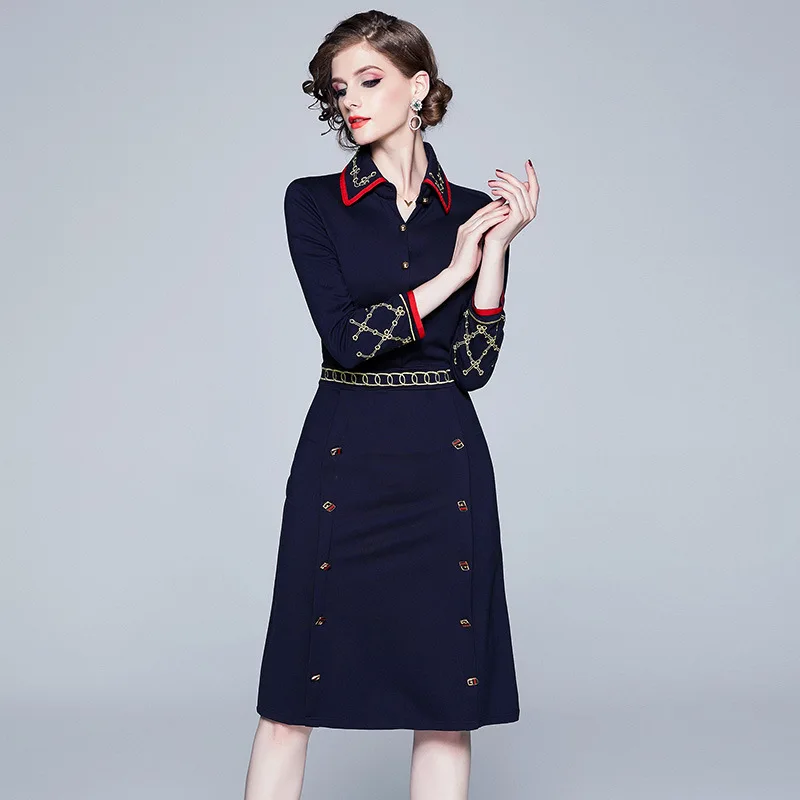 

Peter Pan Collar Embroidery Dress WOMEN'S Dress 2019 New Style French Retro Fashion Slim Fit Medium-length Dress Ozhouzhan