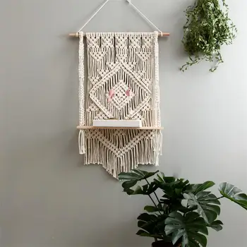 

Cilected Hand-Woven Macrame Tapestries Rack Wooden Shelves For Wall Bohemian Decorative Shelves Wall Hanging Shelves Ornament