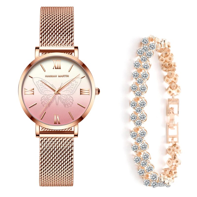 

Rose Gold Diamond Bracelet Watches Set Female High Quality Quartz Watch Luxury Women Watch Bangle Set For Valentine's Gift