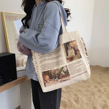 

2020 New Design Women Canvas Shoulder Bag Alice in Wonderland Shopping Bags Students Book Bag Cotton Cloth Tote for Girls