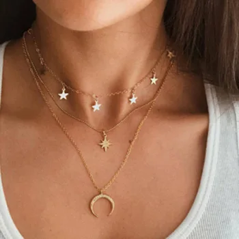 

Punk Necklace 2020 Fashion New Golden Five-pointed Star Simple Wild Octagonal Crescent Three-layer Necklace Factory Wholesale