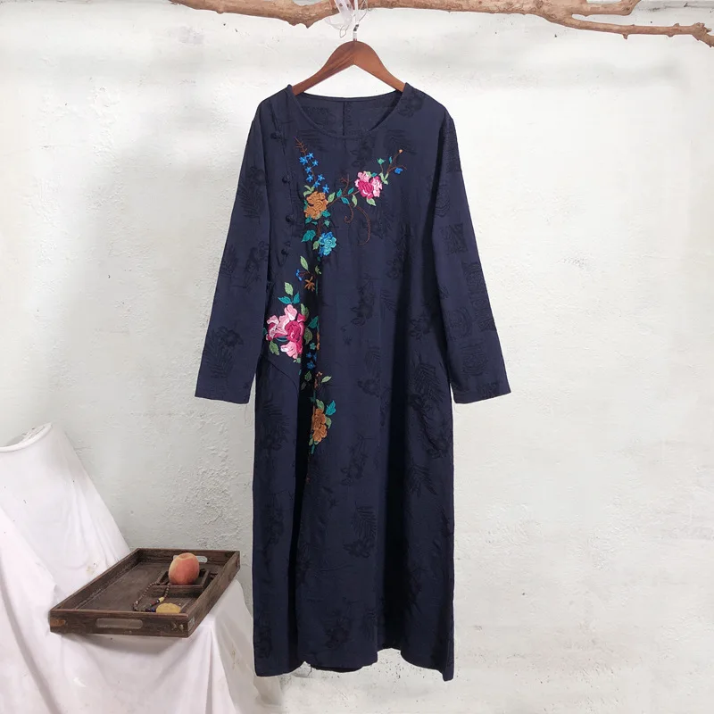

Johnature Vintage Women Clothes 2019 New Autumn Embroidery Dress A-line Floral O-neck Full Sleeve Leisure Retro Women Dresses