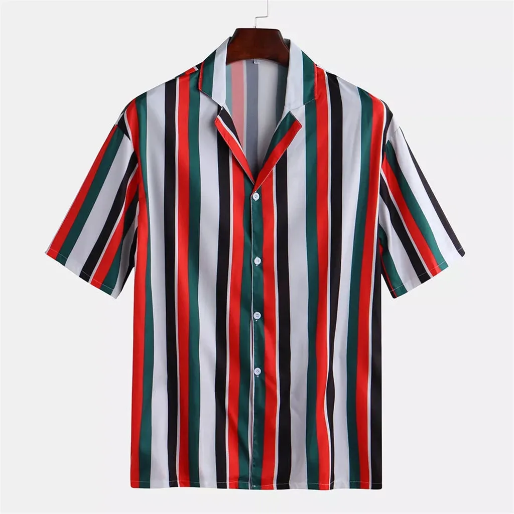 KANCOOLD Для мужчин из дышащего материала в полоску летние шорты рукавом Свободные пуговицы Повседневная рубашка блузка пляжные Гавайи Camicia da uomo caldo 710 - Цвет: Red