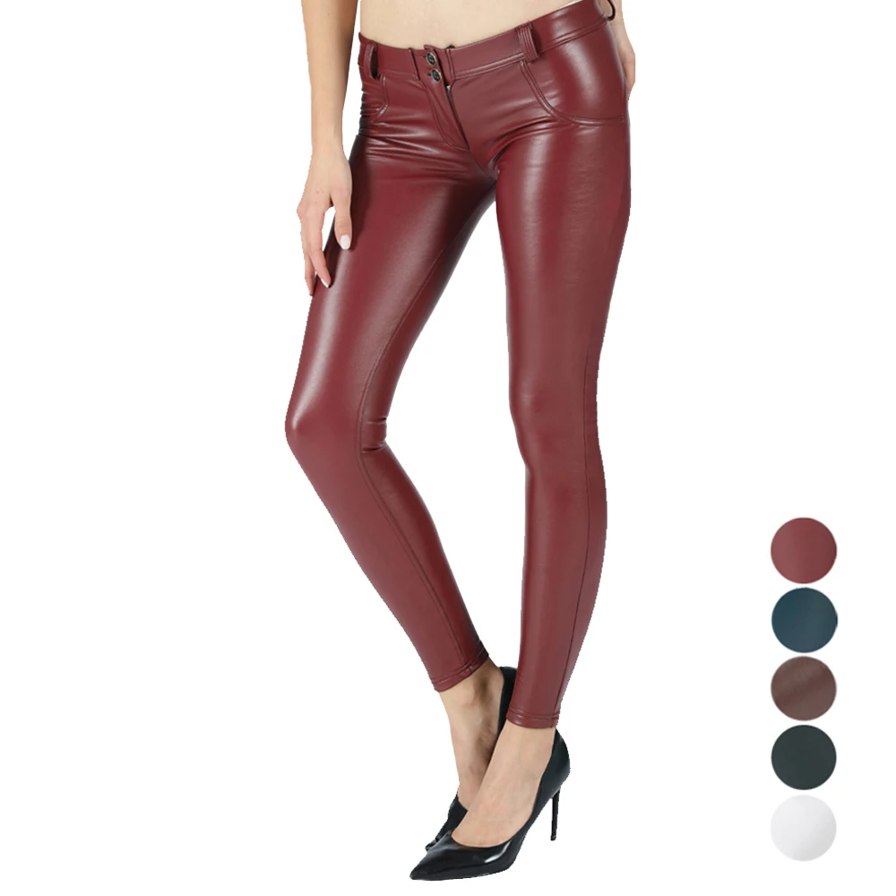 Melody Red Leather Pants Burgundy Seamless Shapewear Skinny Full Length Warm Winter Womens Clothing Push Up Leggings