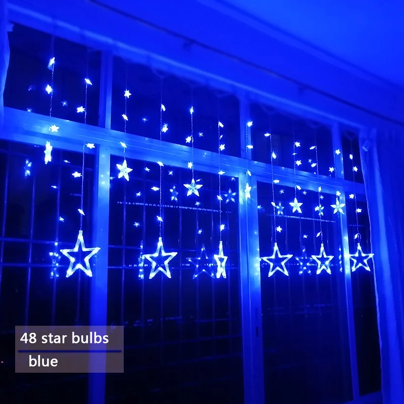 LED String Lights Pentagram Star Curtain Lights Fairy Wedding Birthday Christmas Lighting Indoor Decoration Light Remote control - Испускаемый цвет: Blue 48star