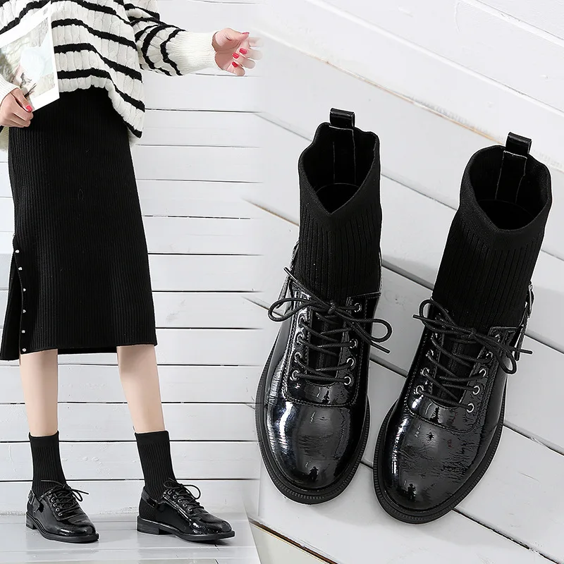 

Patent Leather Short Boots Women's 2019 Autumn & Winter New Style Chunky-Heel Lace-up Online Celebrity Thin Boots INS British-St