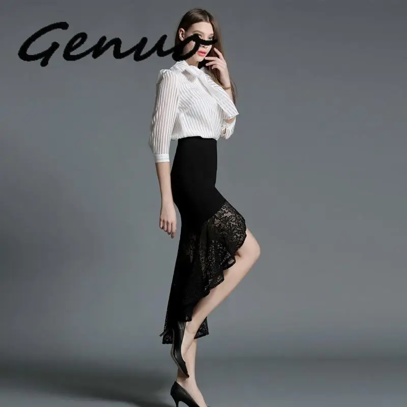 Genuo, новинка, короткая, спереди, длинная, сзади, Женская кружевная юбка, оборки, Русалка, бедра, юбка, ласточкин хвост, один шаг, юбка