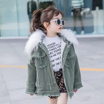 

Children girls fur collar hooded Plus velvet coats 2020 winter new warm jackets kids thicken outerwear teenage tops 4-16Y