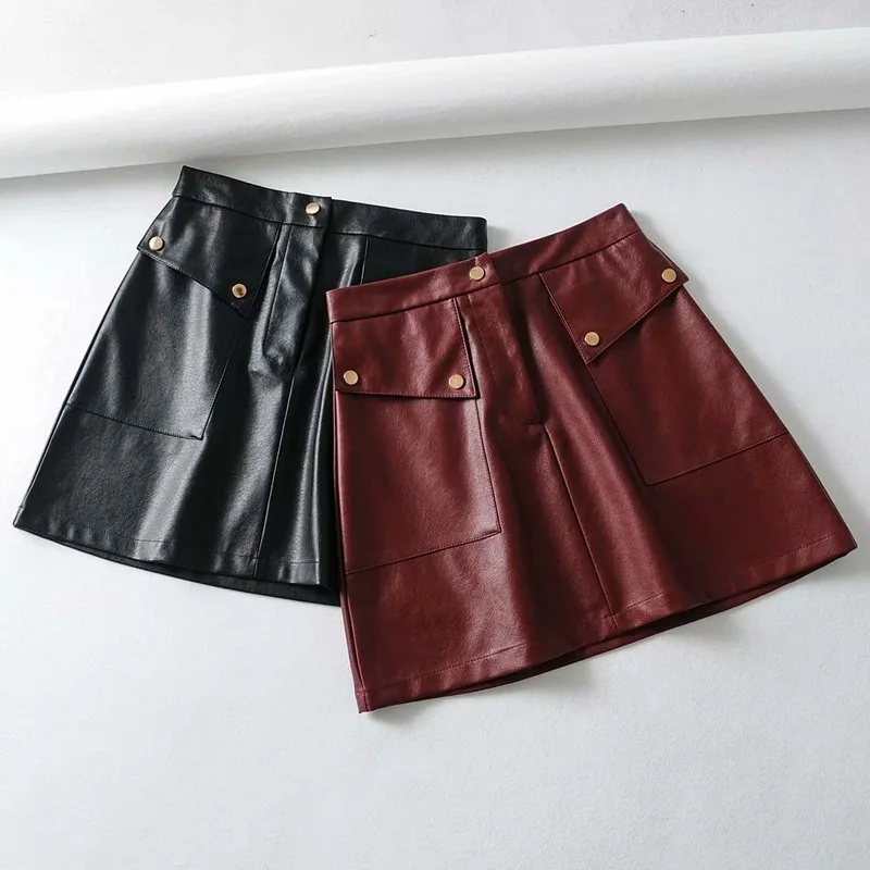 

2019 Autumn Fashion High-waisted Dual Pocket Rivet Ornament Pu A- line Skirt Skirt Short Skirt WOMEN'S Dress