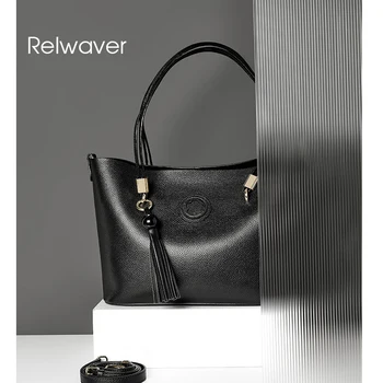 

Relwaver women handbag genuine leather black soft cow leather shoulder bag office lady business women big capacity tote bag