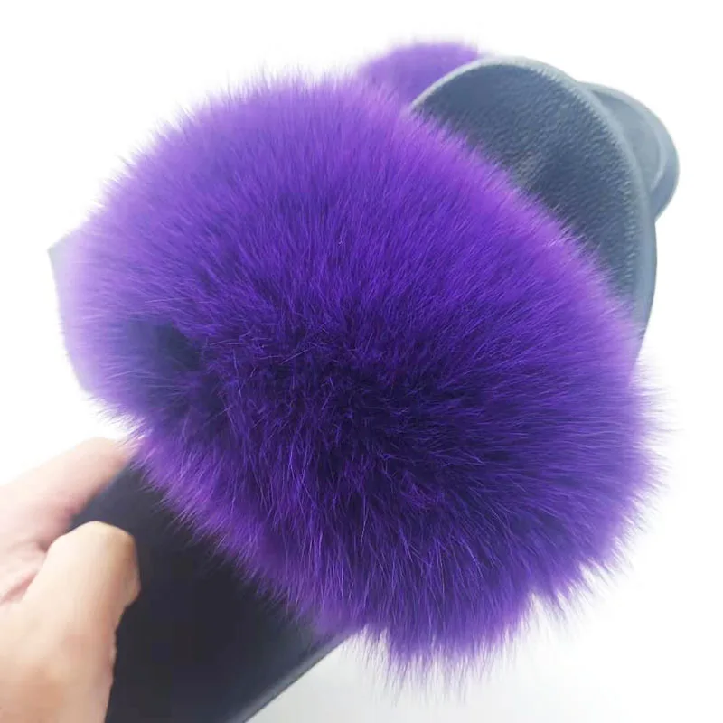 Fur Slippers Women Fox Home Fluffy Sliders Comfort With Feathers Furry Summer Flats Sweet Ladies Shoes Size 45 Home Real fox fur - Цвет: Purple