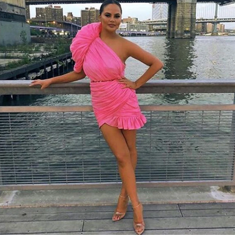 Dressmecb, Сетчатое платье с рюшами на одно плечо, женское элегантное облегающее платье для вечеринок, сексуальное платье для ночного клуба на День святого Валентина, женский розовый короткий сарафан