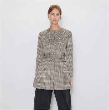 

2020 ZA Fashion New Women's Coat Spring Houndstooth Coat Boho Women's Round Neck Long Sleeve Coat Party Gift Wholesale