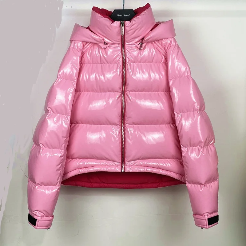 

Fashion Women's Hooded Shiny Thicker Warm Goose Down Coat Female Winter Bread Style Glossy Down Parkas Waterproof Coats wy223