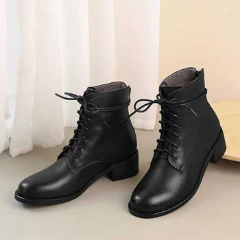 

Genuine Leather Women's Ankle Boots 4.5cm Chunky med Heels ladies boots Party Office Lady Shoes Woman size 41 42 43