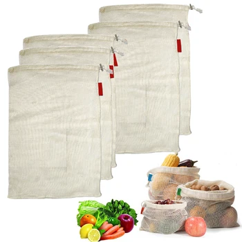 

5pcs 43x30cm Multipurpose Grocery Knit Reusable Produce Bags Washable Zero Waste Bulk Storage Organic Cotton With Drawstring