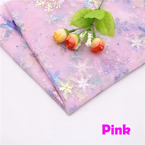 150cmx100cm Colorful Snowflake Soft Tulle Fabric Princess Dress Glitter Fabric New Year Organza Printed Bronzing Fabric Pink