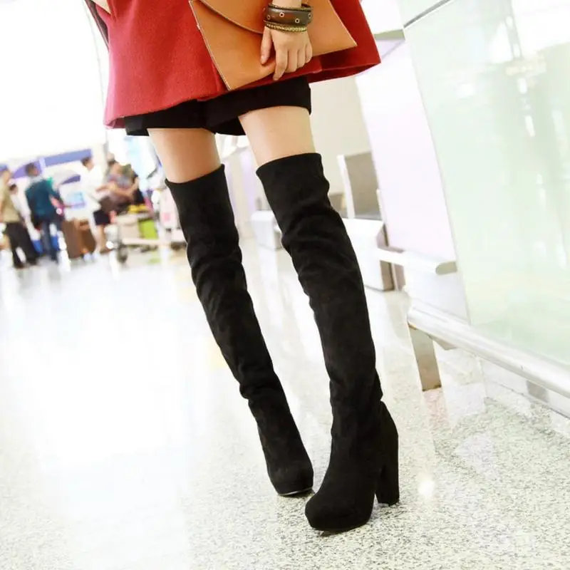 Tuyoki/женские облегающие высокие сапоги; зимняя теплая обувь выше колена на платформе; Женская Удобная Обувь на толстом каблуке; растягивающаяся обувь; размеры 32-43