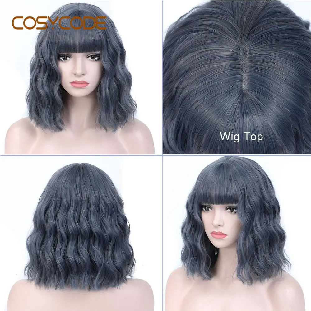 Blue-Grey COSYCODE розовый парик с челкой короткий волнистый боб парик 12 дюймов натуральная волна кудрявый некружевной синтетический парик для женщин костюм косплей - Цвет: Blue-Grey