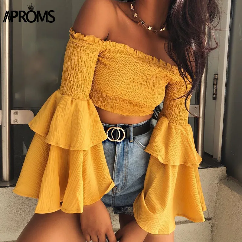 

Aproms Sweet Ruffle Flare Sleeve Yellow Blouse Elegant Off Shoulder Streetwear Chiffon Shirt Women Fashion Crop Top Feamle Tees