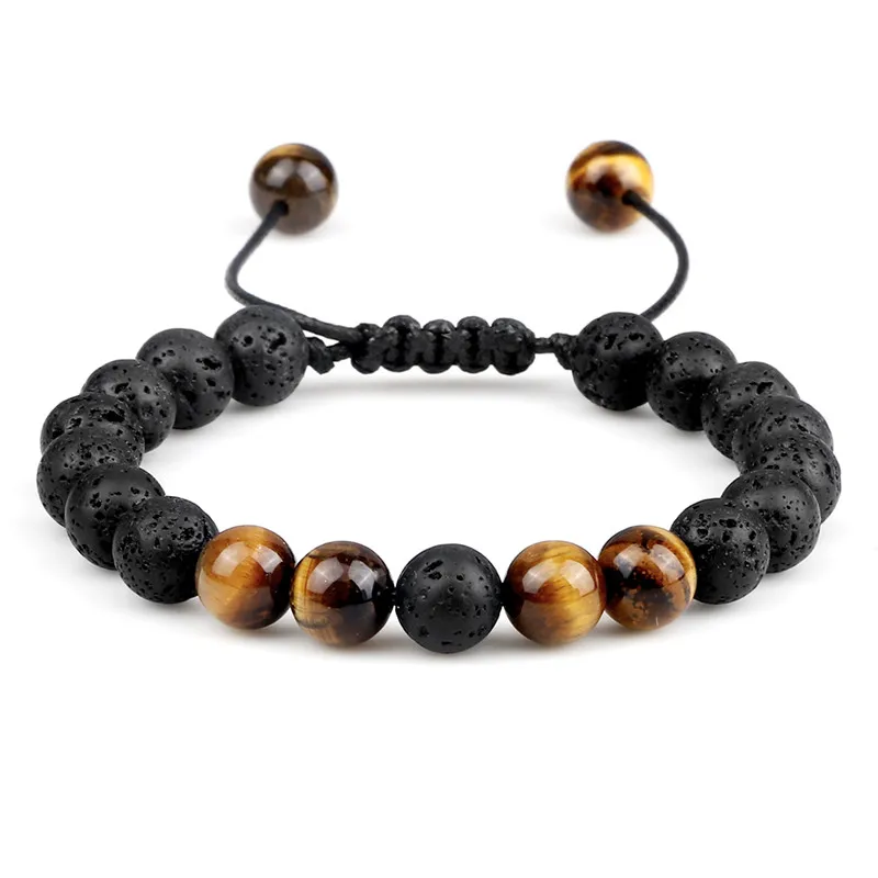 Stone Bead Bracelet 8mm Men Black Lava Beads Tiger Eye Adjustable Braided Rope Couple Women Yoga Healing Jewelry