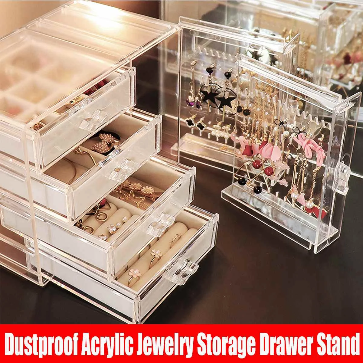 Dustproof Acrylic Velvet Earrings Ring Display Stand Rack Jewelry
