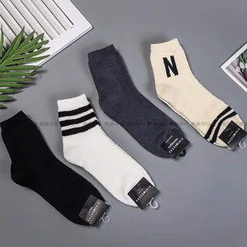 

N Letter Men's Sock Art Socks Coral Fleece Thermal Black Lover Crew Casual Warm Cotton Sox Adult Autumn Winter Classic Skarpetki
