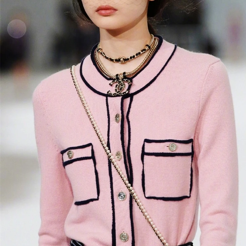 Cárdigan de punto con cuello redondo a rayas rosas para mujer, Jersey fino de diseñador de lujo Vintage elegante, primavera y otoño, 2021
