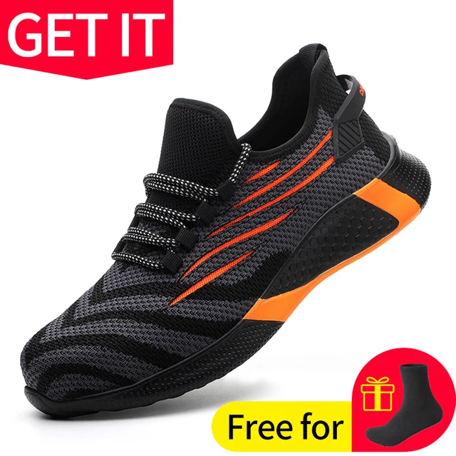 Work Safety Shoes Anti-Smashing Steel Toe Puncture Proof Construction Lightweight Breathable Sneakers Boots Men Women Air Light W003 Orange