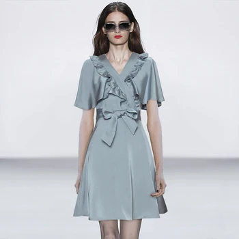 

Gedivoen Fashion Designer Summer Dress Women Solid Blue Butterfly Sleeve Patchwork Ruffles A Line Dress Elegant Party Dresses
