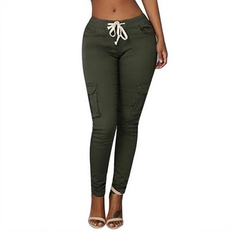 

CYSINCOS New Arrvial Women Cargo Pants Casual Lace Up Solid Color Mid Waist Tie Pencil Trousers With Pockets Joggers Sweatpants