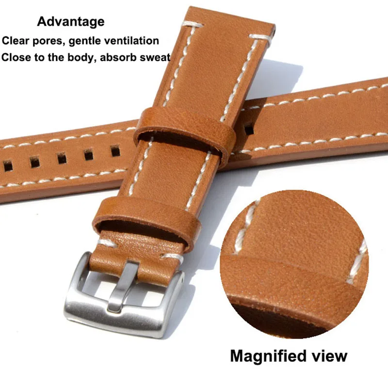 Newest 18mm 20mm 22mm Genuine Leather Watchband Belt Manual Men Thick Brown Black Watch Band Strap Buckle Accessories - Цвет ремешка: Light Brown