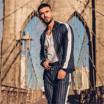 

2019 Men New Autumn black navy blue Striped zipper coa tMen Streetwear Fitness leisure Slim Fit fashion Jacket Coat Men Jackets