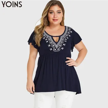 

YOINS Bohemian Cut Out Tribal Print Ruffle Sleeve Blouse 2020 Summer Women Elegant Pleated Round Neck Shirt Plus Size Blusa