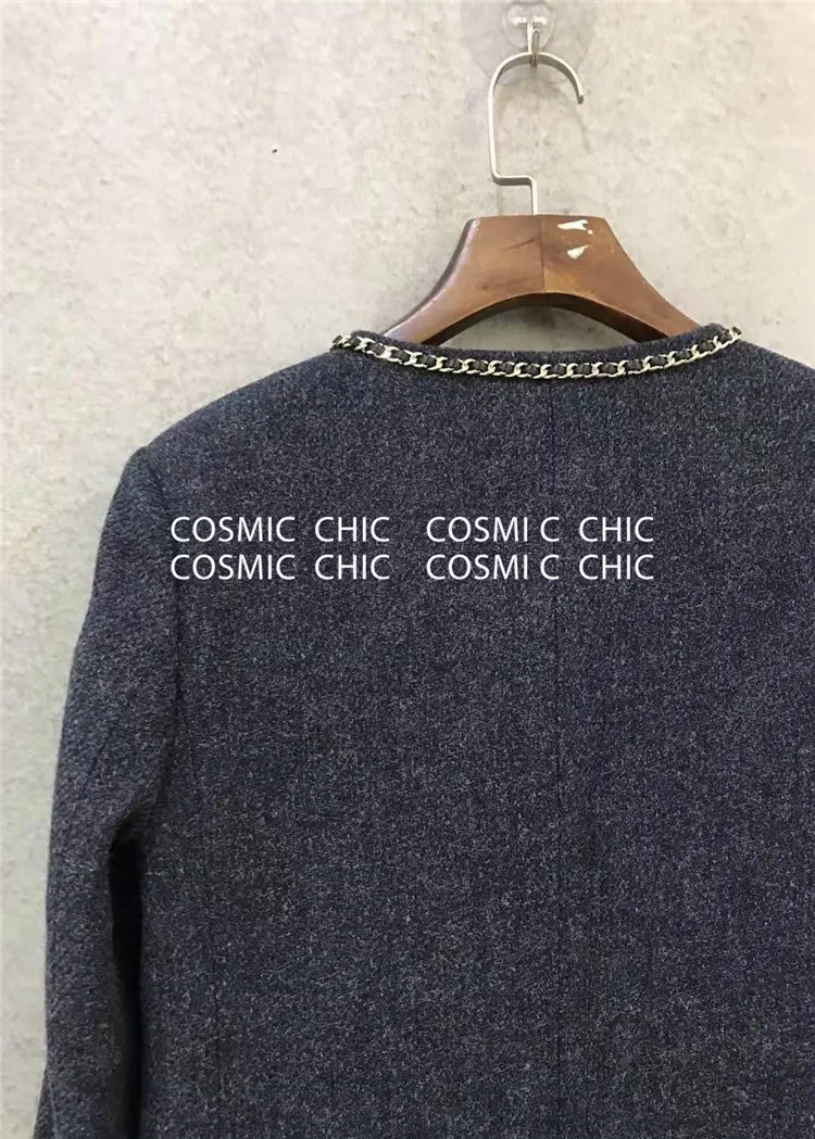 Cosmicchic осенне-зимняя женская шерстяная куртка с карманами и цепочкой, Высококачественная элегантная женская куртка с длинным рукавом на шелковой подкладке