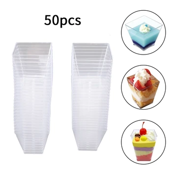 

50Pcs 2oz/60ml Mini Square Dessert Cup Transparent Plastic Mousses Cake Jelly Yougurt Pudding Cups Festival Wedding Decoration