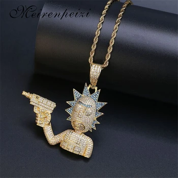 

Hip Hop Iced Out Rick Morty Pendant Necklace Men Gold Silver Color Chain Necklace With Rope Chain New Charm Jewelry