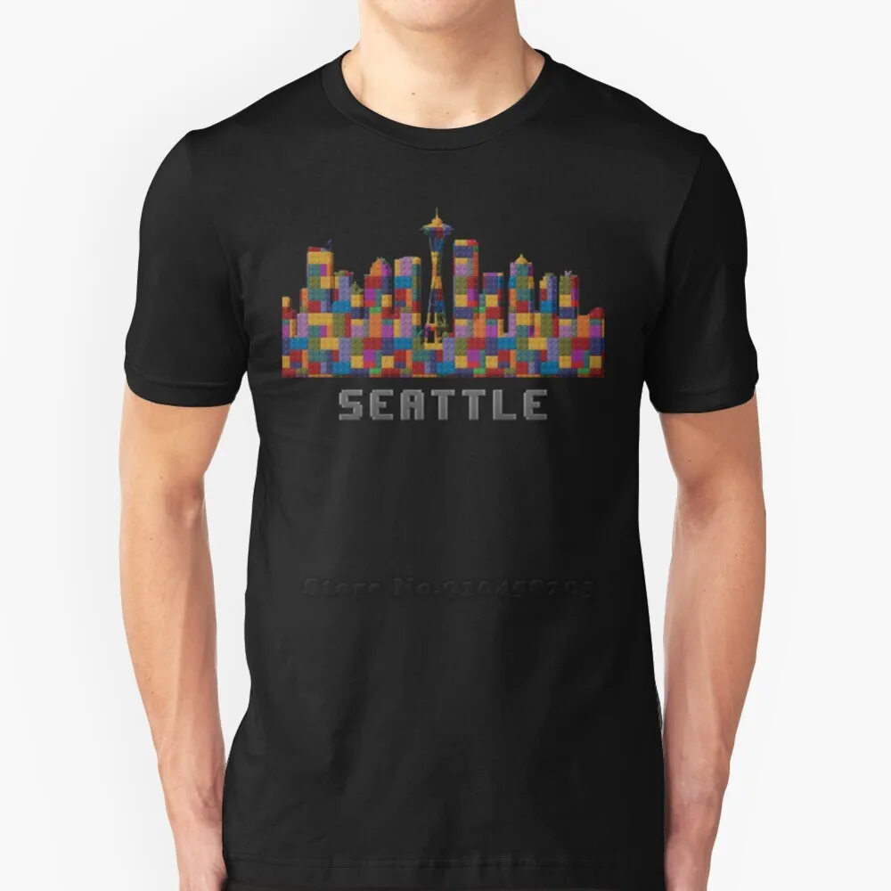 Space Needle Seattle Washington Skyline Creato Con Lego Like Blocks T-Shirt A Maniche Corte Da Uomo Fashion Summer Tops 100% Cotone