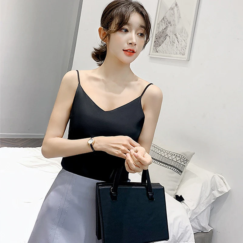 

Women V-Neck Camisole Summer Basic White Top Korean Chiffon Women Top Camis Sexy Halter Top Woman Sleeveless Solid Tank Tops