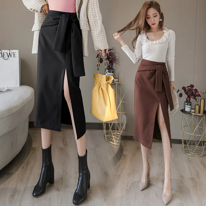 

Skirt Women's Autumn And Winter 2019 New Style High-waisted Skirt Versatile Mid-length Wool Slit A- line Skirt Sub-