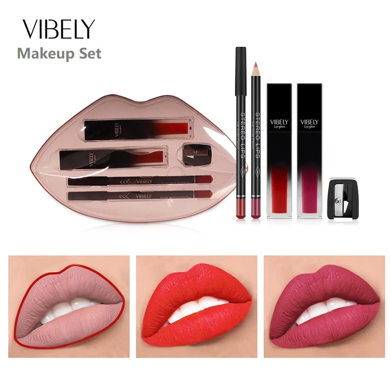 

New Cosmetics Non-stick Cup Matte Lipgloss Lip Liner Pencil Mixed Sexy Long-lasting Lip Gloss Gift Box Makeup Set