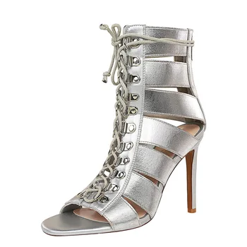 

2020 New Summer Women Ankle Boots High Thin Heel Peep Toe Lace-Up Zipper Solid Rome Sexy Ladies Women Shoes Black Boots G0319