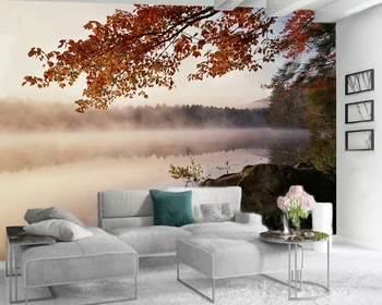 

3d Wall Paper for Bedroom Fantastic River Surface and Beautiful Scenery of Maple Leaves Interior Decoration Silk Mural Wallpaper