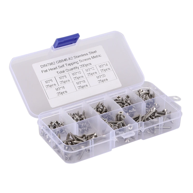 ELEG-200Pcs M3 набор винтов с плоской головкой из нержавеющей стали высокопрочные саморезы ассортимент для деревянной мебели