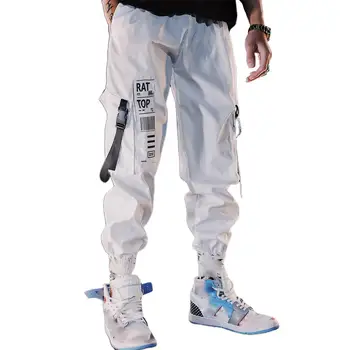 

MISSKY Men Pants White Black Hip-hop Cargo Pants Ribbon Multi-Pockets Pencil Pants Stylish Loose Ninth Trousers For Male