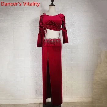 

Winter Belly Dance Group Practice Clothes Wine Red Velour Drawstring Top Diamond Skirt Oriental Indian Dancing Training Suit
