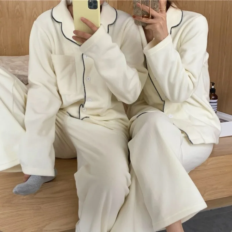 

2020 New Solid Color Winter Brushed Pajamas Women Keep Warm Korean Thick Simple Pajamas Set Couple Two Piece Set Summer